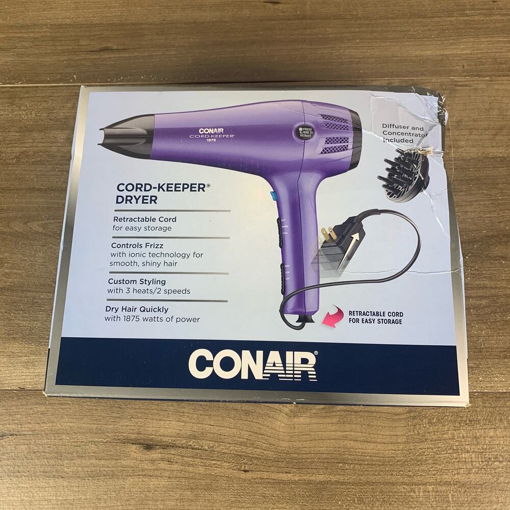 Conair Cord Keeper Hair Dryer Ionic Purple 1875 w/ Attachments New Open Box